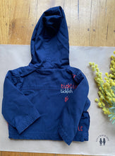 Load image into Gallery viewer, Ticklish baby boy size 0-3 months blue hooded zip up jacket red, VGUC