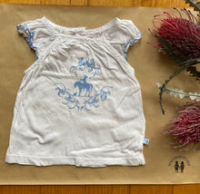 Load image into Gallery viewer, Bebe by Minihaha baby girl size 3-6 months white t-shirt blue horse, VGUC