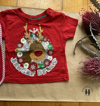Load image into Gallery viewer, Baby boy girl size 0-3 months red t-shirt bib set First Christmas reindeer, VGUC