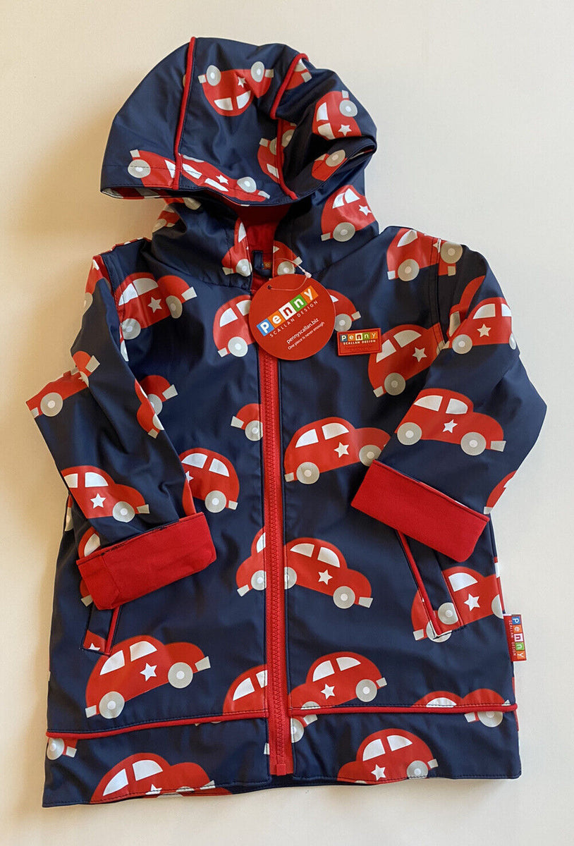 Penny Scallan Design kids boys toddler size 2 blue raincoat hood red cars BNWT