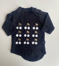 Load image into Gallery viewer, Huxbaby baby size 0-3 months black long sleeve top white cherries, VGUC
