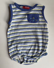 Load image into Gallery viewer, Sprout baby size 3-6 months blue yellow stripe lion romper, VGUC
