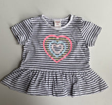 Load image into Gallery viewer, Seed baby girl size 6-12 months black white stripe top t-shirt heart, VGUC
