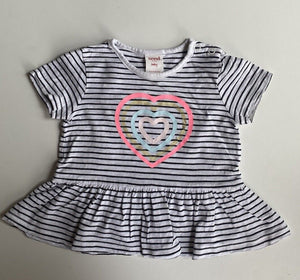 Seed baby girl size 6-12 months black white stripe top t-shirt heart, VGUC