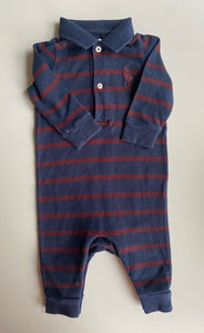 Ralph Lauren baby boy size 0-3 months navy blue maroon stripe one-piece, VGUC