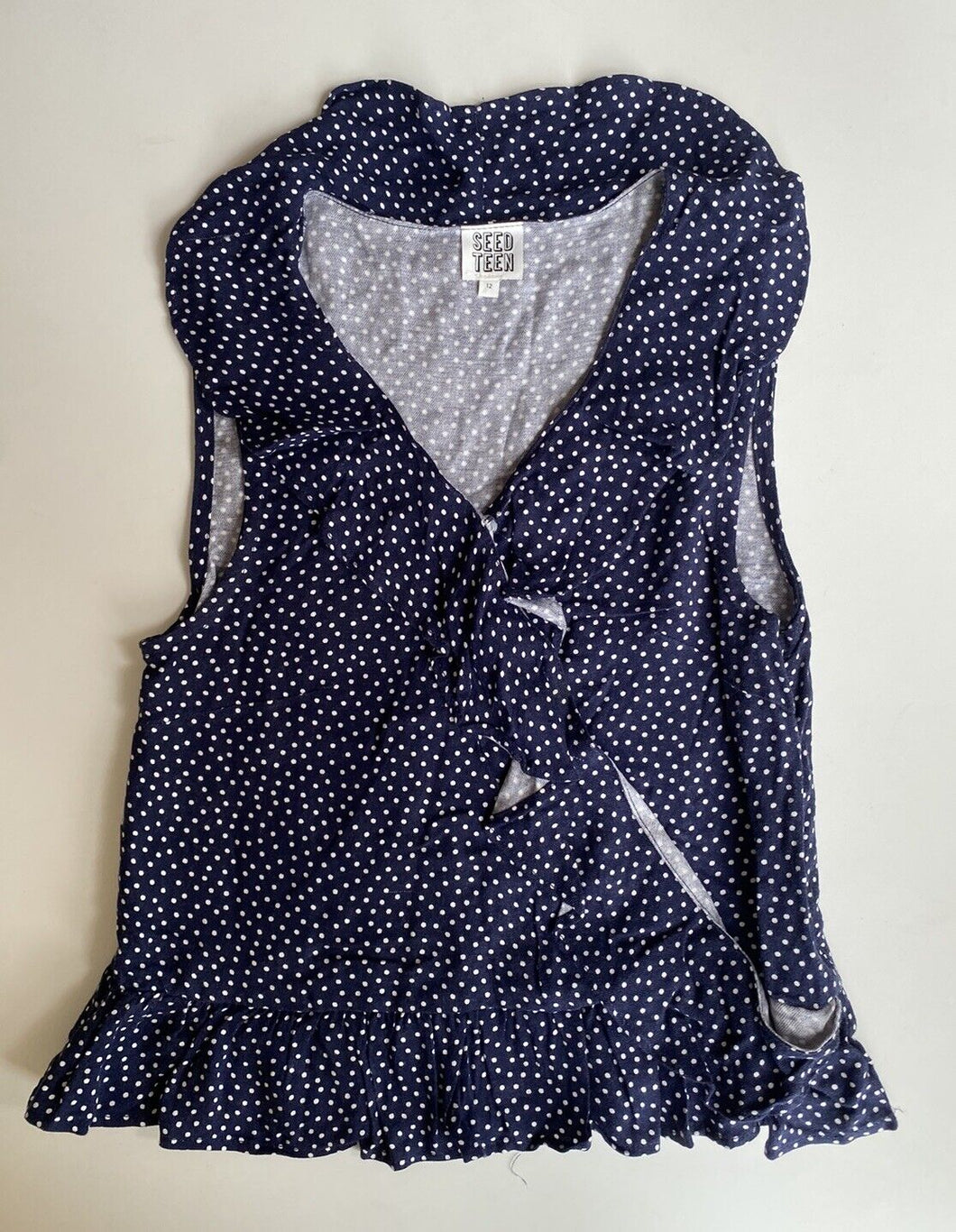 Seed Teen kids girls size 12 navy blue white spotted wrap top, GUC