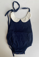 Load image into Gallery viewer, Lacey Lane baby girl size 12-18 months navy blue white lace collared romper VGUC
