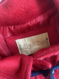 Lily & Dan kids size 5 red duffle coat jacket pockets warm wool, VGUC