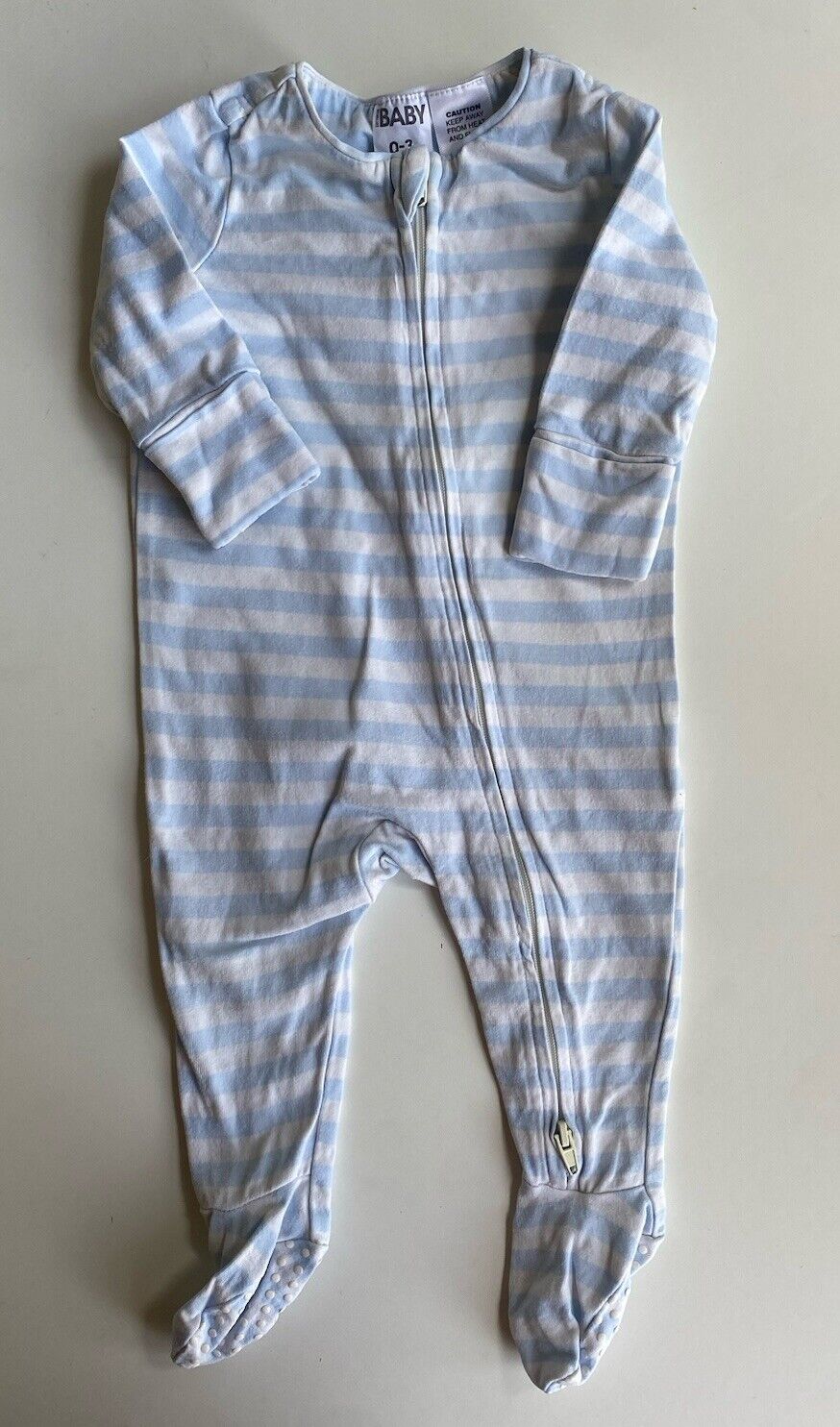 Cotton On baby size 0-3 months light blue white stripe one-piece zip, VGUC