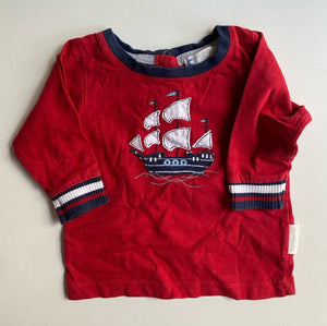 Purebaby baby size 3-6 months red blue long sleeve t-shirt ship boat, VGUC