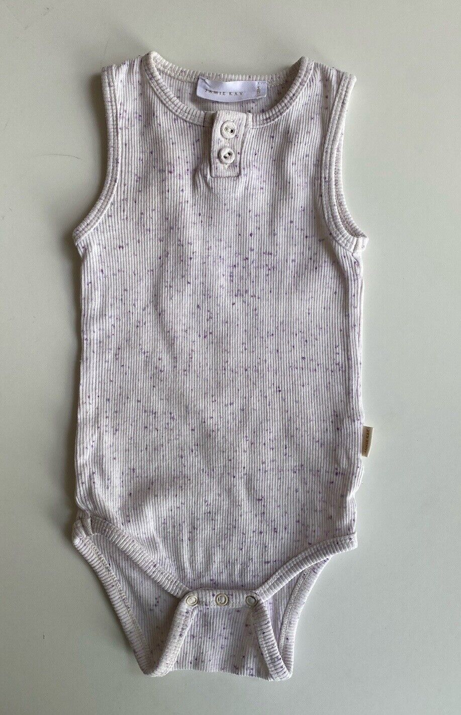 Jamie Kay baby girl size 6-12 months white purple speckled tank bodysuit, VGUC