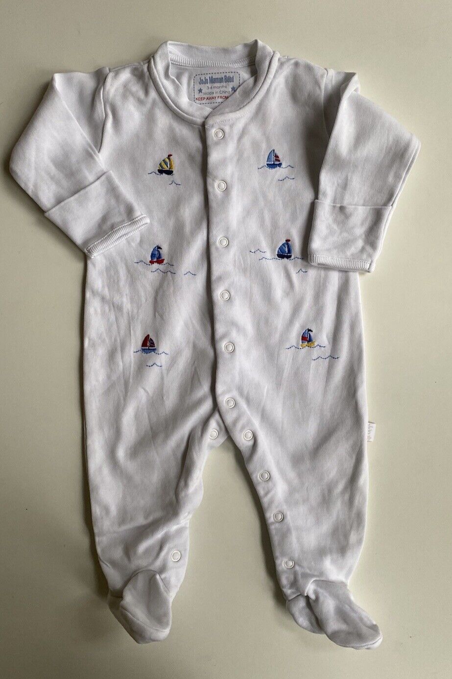 Jojo Maman Bebe baby size 3-6 months white one-piece sailboats, VGUC