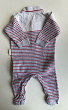 Load image into Gallery viewer, Purebaby baby boy size 3-6 months grey blue red stripe collared one-piece, VGUC
