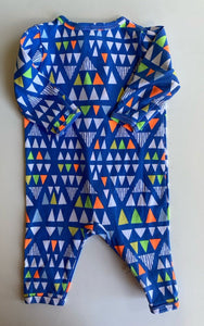 Dymples baby size 0-3 months blue coloured triangles one-piece zip, VGUC