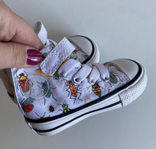 Load image into Gallery viewer, Converse baby size US 3/UK 3 white colourful bugs pull on high top sneakers, EUC
