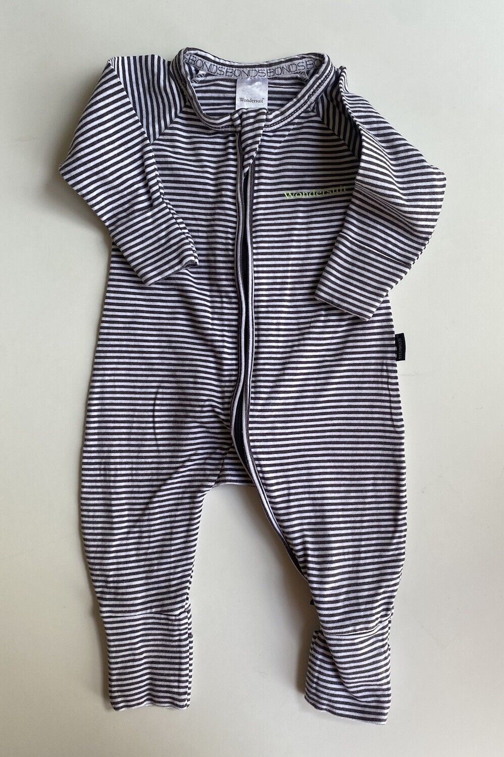 Bonds baby size 0-3 months zippy wondersuit dark grey stripe one-piece, VGUC