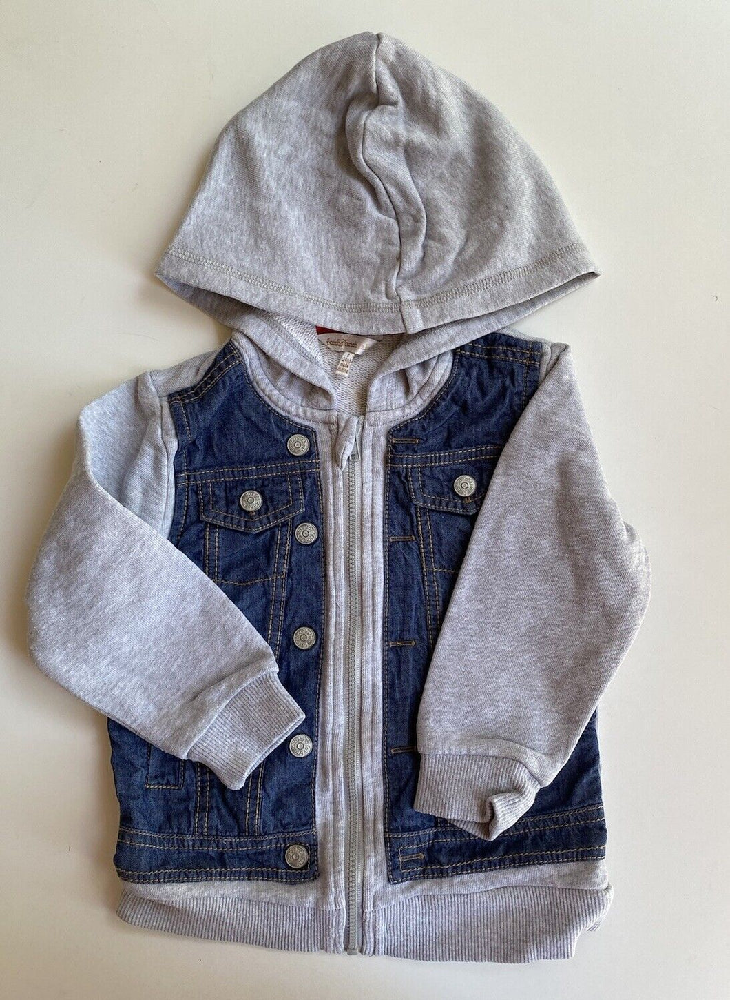 Fox & Finch baby size 18-24 months grey denim hooded jumper, VGUC