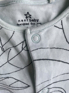 Next baby size 0-3 months blue sloths trees button up one-piece, VGUC