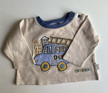 Load image into Gallery viewer, Pumpkin Patch baby boy size 0-3 months beige blue fire truck top, VGUC
