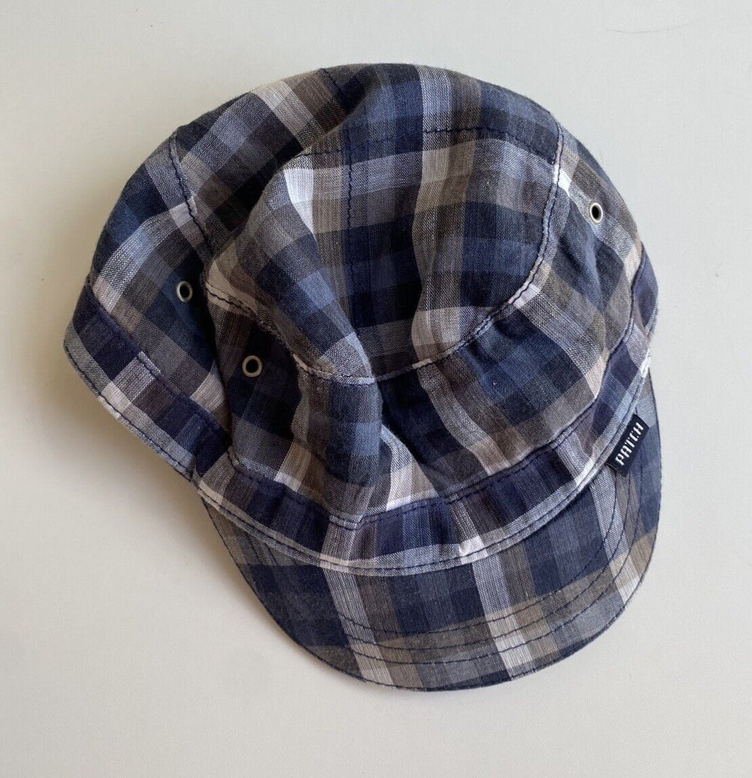 Pumpkin Patch baby size Small 50cms head circumference blue grey check cap, VGUC