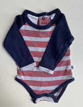 Load image into Gallery viewer, Marquise baby boy size 0-3 months grey red blue stripe bodysuit, VGUC
