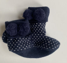 Load image into Gallery viewer, Country Road baby size approx. 0-6 months navy blue white pom pom booties, VGUC
