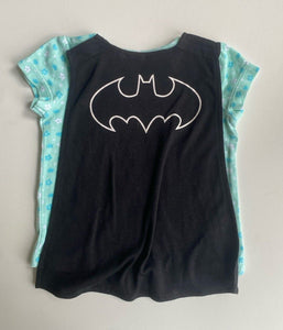 Batman baby girl size 12-18 months blue green floral t-shirt black cape, VGUC