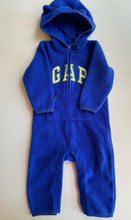 Load image into Gallery viewer, GAP baby size 12-18 months blue hooded fleecy logo one-piece, VGUC
