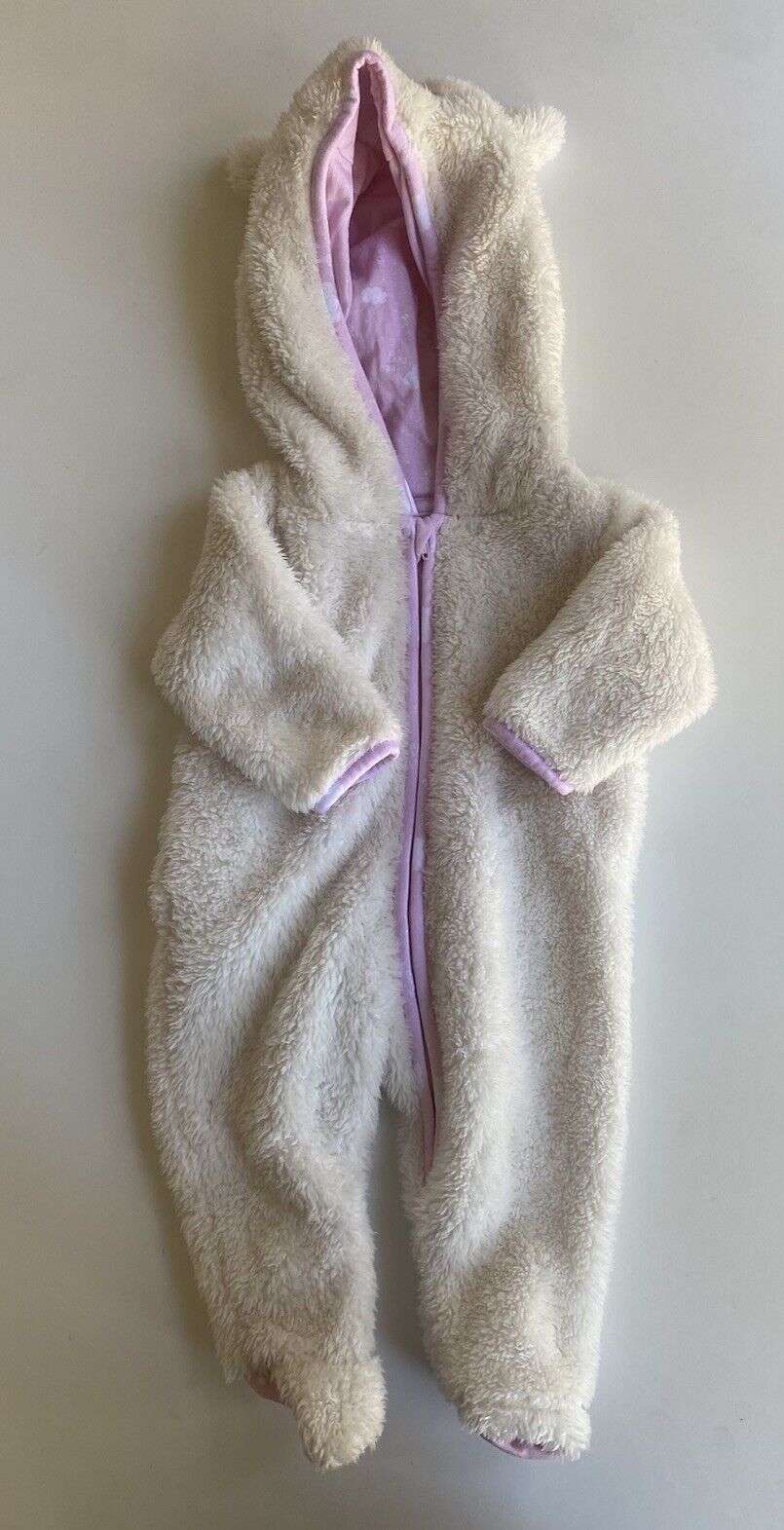 Tiny Little Wonders baby size 0-3 month white fluffy hooded sheep one-piece VGUC