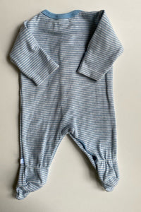 Bebe by Minihaha baby size prem 00000 blue grey stripe one-piece train, VGUC