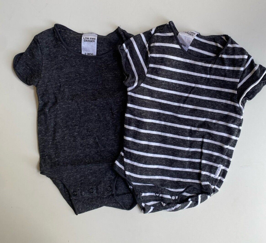 Bonds baby size 0-3 months x2 t-shirt bodysuits grey stripe, VGUC