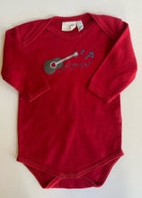Load image into Gallery viewer, Frugi baby size 3-6 months red long sleeve bodysuit t-shirt top guitar, GUC
