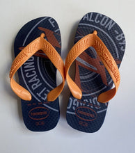 Load image into Gallery viewer, Havaianas kids toddler boys size US 10/EUR 27-28 blue orange plane thongs, VGUC
