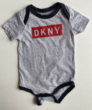 Load image into Gallery viewer, DKNY baby size 3-6 months grey red logo short sleeve bodysuit top, VGUC
