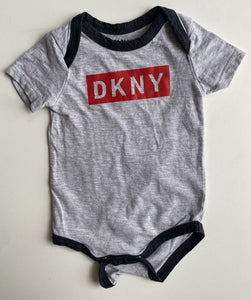 DKNY baby size 3-6 months grey red logo short sleeve bodysuit top, VGUC