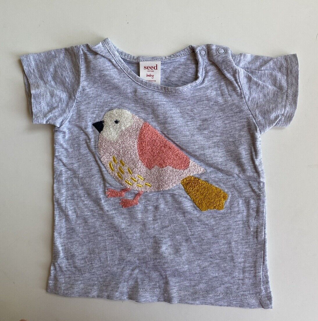 Seed baby girl size 6-12 months grey short sleeve t-shirt pink bird, GUC