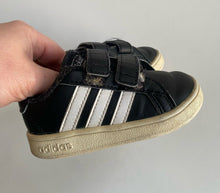 Load image into Gallery viewer, Adidas kids toddler size US 5/EUR 20 black white stripe sneakers shoes, VGUC
