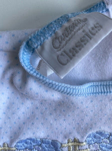 Carter's Classics baby size 0-3 months white blue spot sheep romper, VGUC