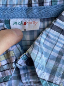 Jack & Milly baby boy size 6-12 months blue check button up shirt cars, VGUC