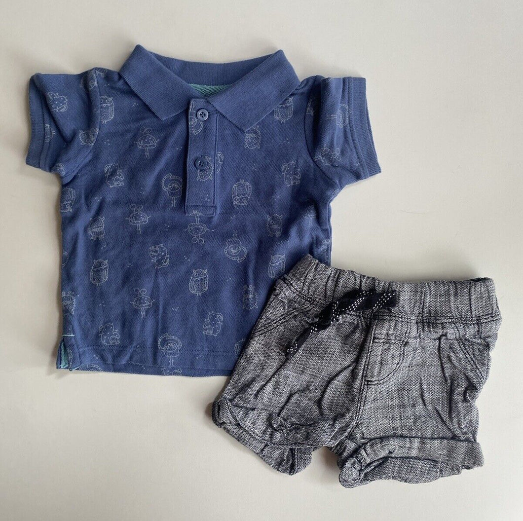 Target baby boy size 0-3 months blue polo monsters black shorts set, VGUC