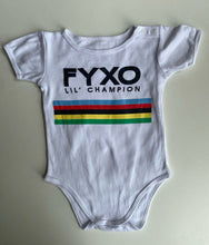 Load image into Gallery viewer, FYXO Cycling baby size 6-12 months white rainbow stripe bodysuit, VGUC
