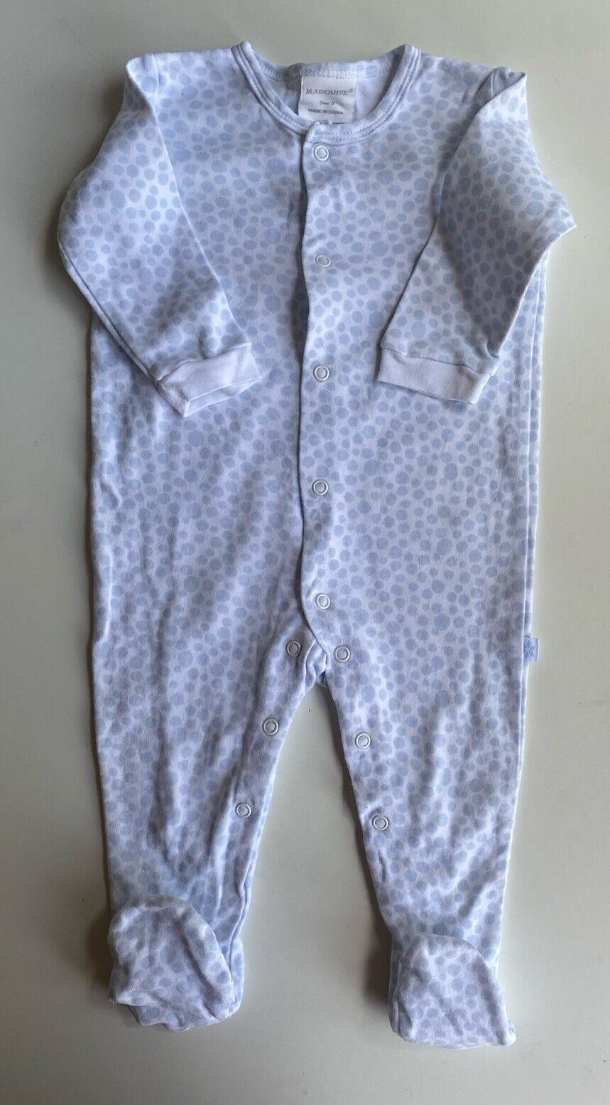 Marquise baby size 6-12 months white blue spotted one-piece, VGUC