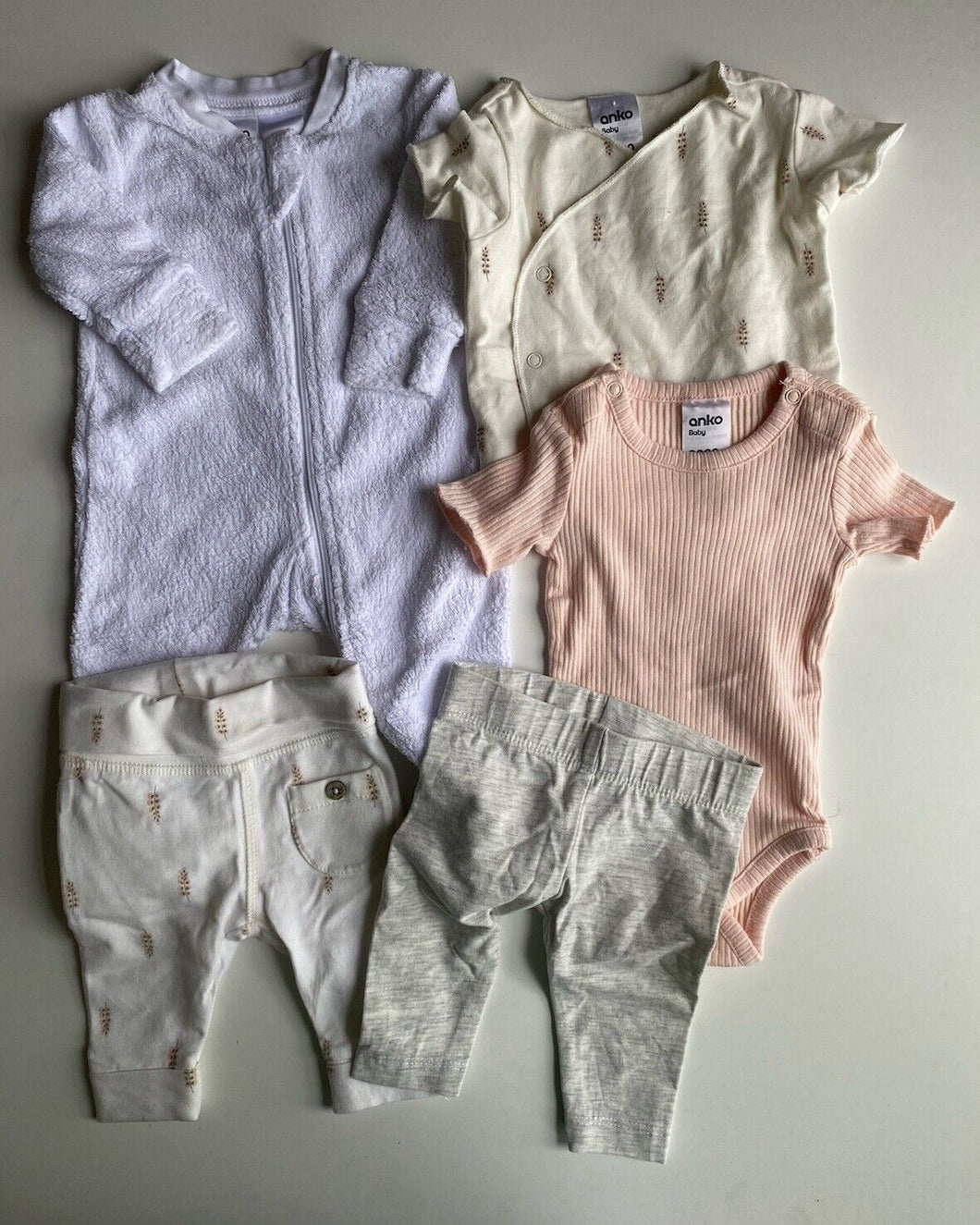 Anko baby girl size newborn pink white one-piece tops pants bundle, VGUC