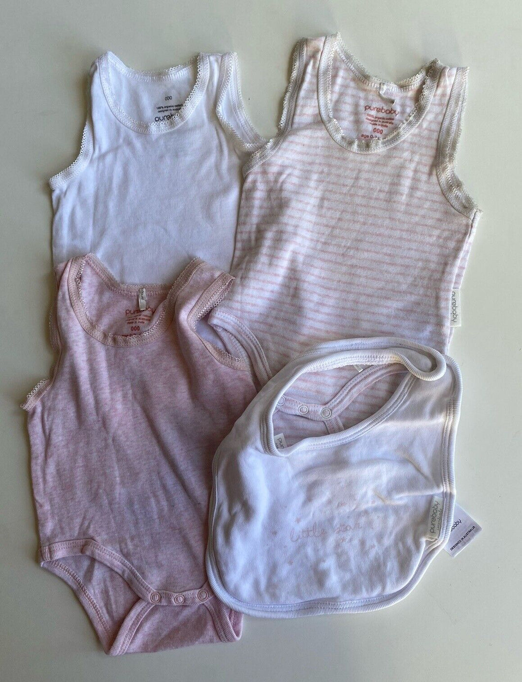 Purebaby baby girl size 0-3 months x3 pink white bodysuit singlets bib set, GUC