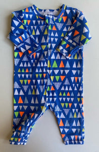 Dymples baby size 0-3 months blue coloured triangles one-piece zip, VGUC