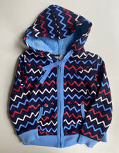 Load image into Gallery viewer, Pumpkin Patch kids size 6 navy blue red zig zag hooded jumper zip up, VGUC
