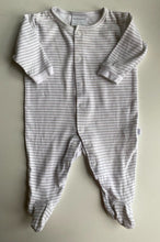 Load image into Gallery viewer, Marquise baby size 0-3 months grey white stripe button up one-piece, VGUC
