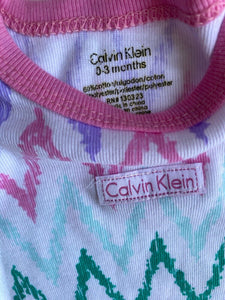 Calvin Klein baby girl size 0-3 months pink green short sleeve bodysuit, VGUC