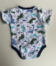 Load image into Gallery viewer, Ollie&#39;s Place baby boy size 0-3 months white blue green dinosaur bodysuit, VGUC
