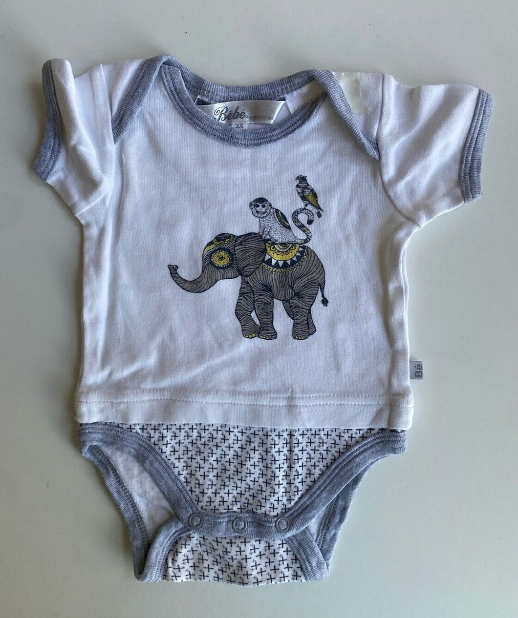 Bebe by Minihaha baby size 0-3 months white grey bodysuit elephant, VGUC